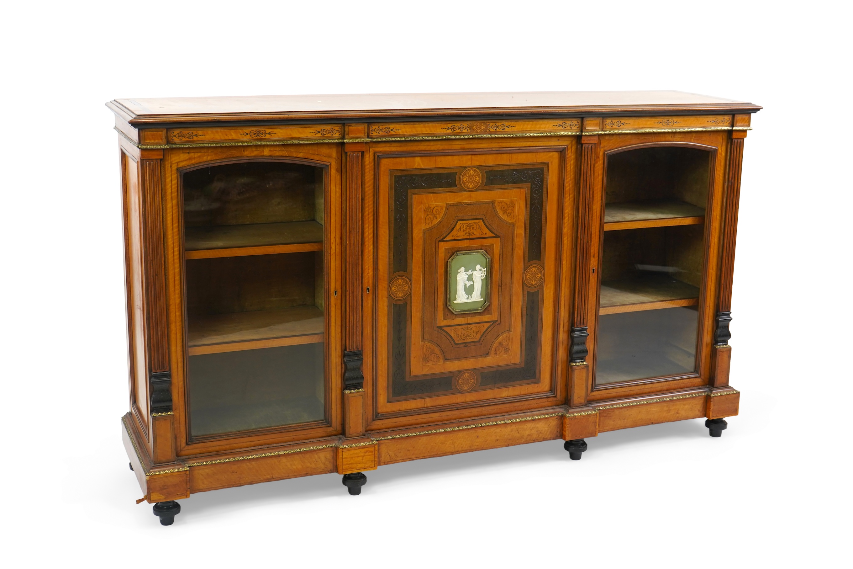 A Victorian marquetry inlaid and gilt metal mounted banded satinwood side cabinet